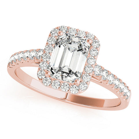 Rose gold Emerald Cut Halo Diamond Engagement Ring with Pave Band and Four-Prong Setting