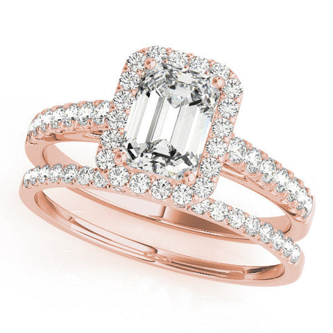 Rose gold Emerald Cut Halo Diamond Engagement Ring with Pave Band and Four-Prong Setting