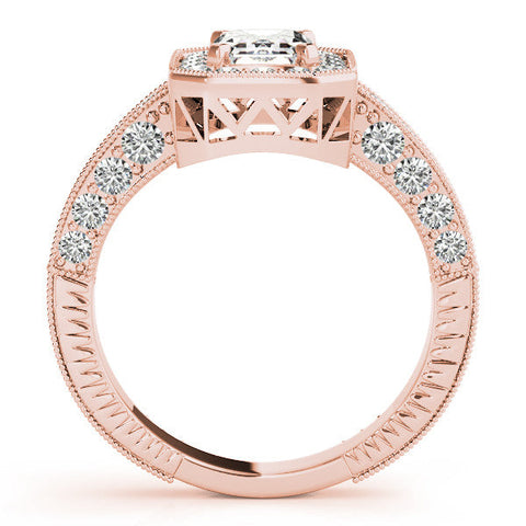 Rose gold Emerald Cut Halo Diamond Pave Band Ring with Four-Prong Setting