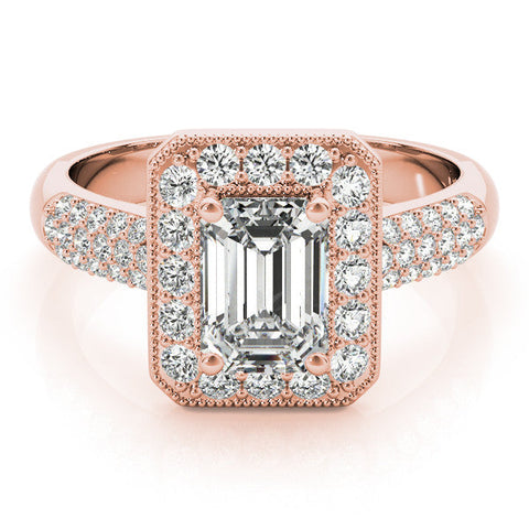 Rose gold Emerald Cut Halo Diamond Pave Band with Four-Prong Setting