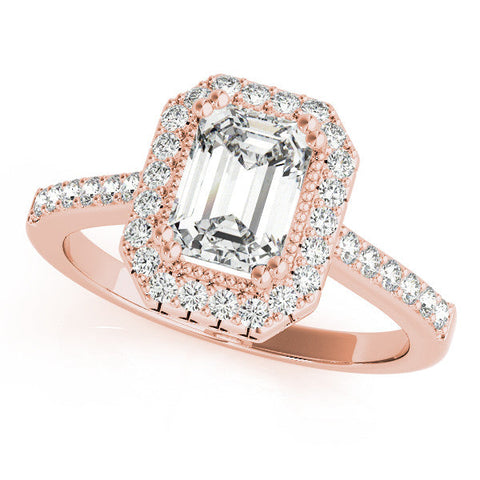 Rose gold Emerald Cut Halo Diamond Ring with Pave Band and Four-Prong Setting