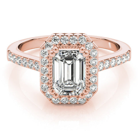 Rose gold Emerald Cut Halo Diamond Ring with Pave Band and Four-Prong Setting