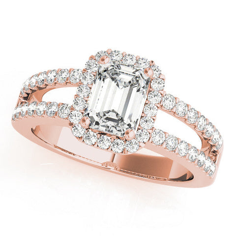 Rose gold Emerald Cut Halo Split Shank Diamond Ring with Four-Prong Setting