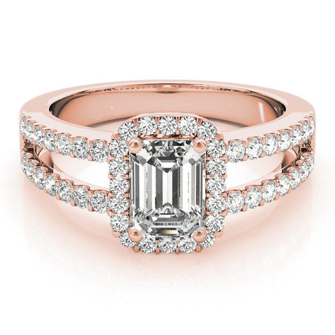 Rose gold Emerald Cut Halo Split Shank Diamond Ring with Four-Prong Setting
