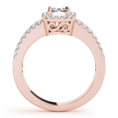 Rose gold Emerald Cut Halo Split Shank Diamond Ring with Four-Prong Setting