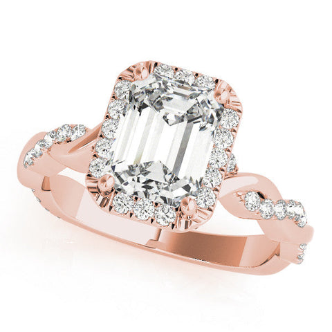 Rose gold Emerald Cut Halo Twisted Band Four-Prong Ring