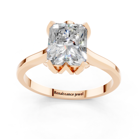 Rose gold Radiant Cut Solitaire Diamond Ring with Flower-Prong Setting and Classic Band