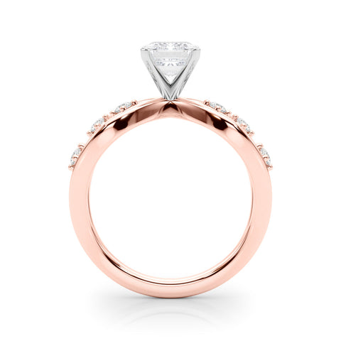 Rose gold Radiant Cut Solitaire Diamond with Side Stones on Criss-Cross Band and Four-Prong Setting