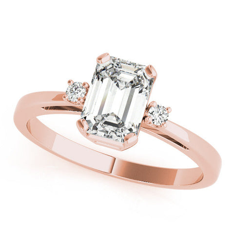 Rose gold Radiant Cut Three-Stone Solitaire Ring with Round Accent Diamonds and Four-Prong Setting