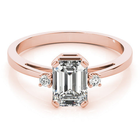 Rose gold Radiant Cut Three-Stone Solitaire Ring with Round Accent Diamonds and Four-Prong Setting