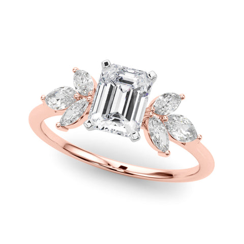 Rose gold Radiant Diamond Floral Cluster Ring with Marquise Side Stones and Six-Prong Solitaire Setting