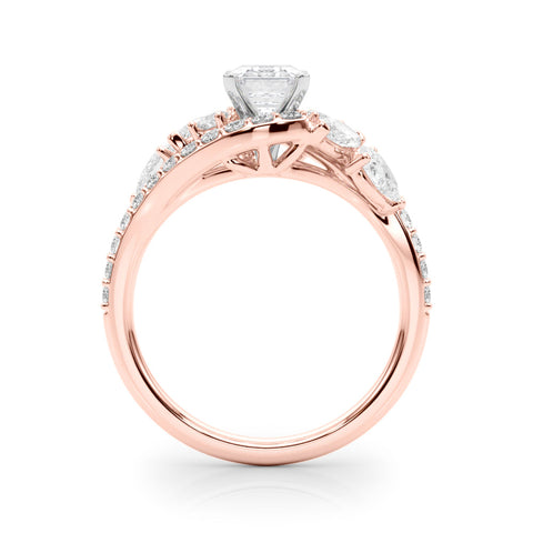 Rose gold Radiant Diamond Halo Ring with Marquise and Pavé Band in Prong Setting