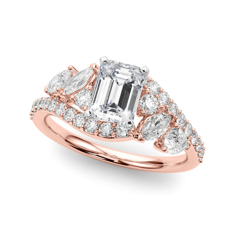 Rose gold Radiant Diamond Halo Ring with Marquise and Pavé Band in Prong Setting