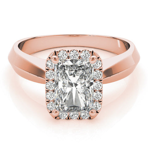 Rose gold Radiant Halo Diamond Ring with Cathedral Band and Four-Prong Setting