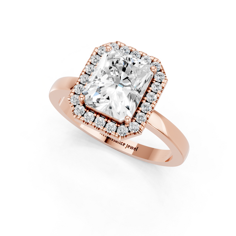 Rose gold Radiant Halo Diamond Solitaire with Pavé Band and Four-Prong Setting