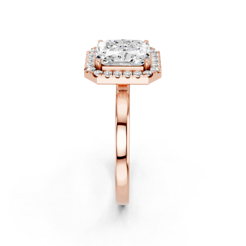 Rose gold Radiant Halo Diamond Solitaire with Pavé Band and Four-Prong Setting