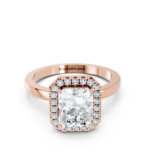 Rose gold Radiant Halo Diamond Solitaire with Pavé Band and Four-Prong Setting