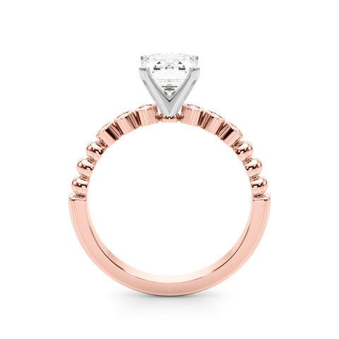 Rose gold Radiant Solitaire Bezel Accent Diamond Engagement Ring with Beaded Band and Four-Prong Setting