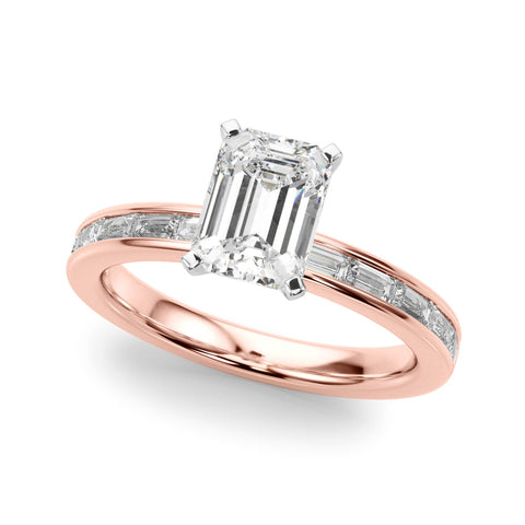 Rose gold Radiant Solitaire Diamond Ring with Channel-Set Baguette Band and Four-Prong Setting