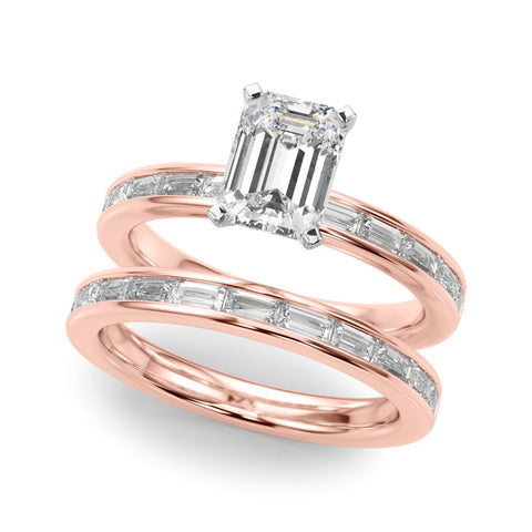 Rose gold Emerald Solitaire Diamond Ring with Channel-Set Baguette Band and Four-Prong Setting
