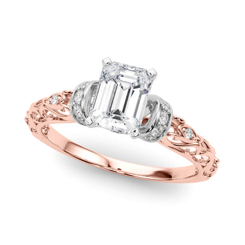 Rose gold Radiant Solitaire Diamond Ring with Filigree Band and Four-Prong Setting