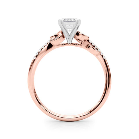 Rose gold Emerald Solitaire Leaf-Inspired Diamond Ring with Pavé Band and Four-Prong Setting