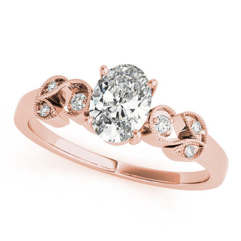 Rose gold Oval Solitaire Milgrain Leaf Band with Prong Setting