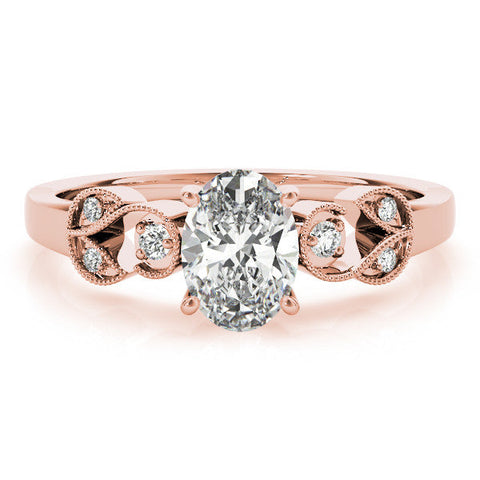 Rose gold Oval Solitaire Milgrain Leaf Band with Prong Setting