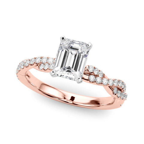 Rose gold Emerald Solitaire Twisted Pave Band with Four-Prong Setting
