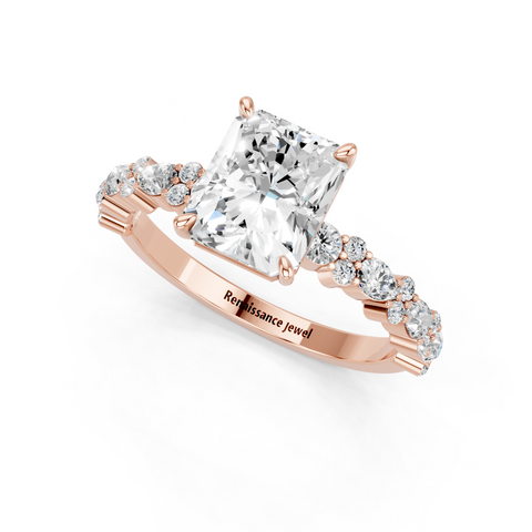 Rose gold Radiant Solitaire with Side Stones, Pave Band, Four-Prong Setting