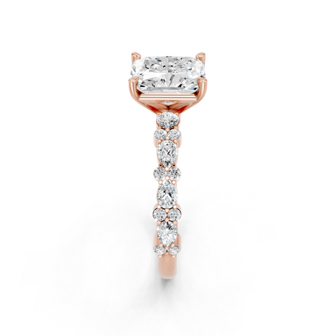 Rose gold Radiant Solitaire with Side Stones, Pave Band, Four-Prong Setting