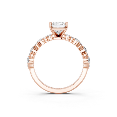 Rose gold Radiant Solitaire with Side Stones, Pave Band, Four-Prong Setting