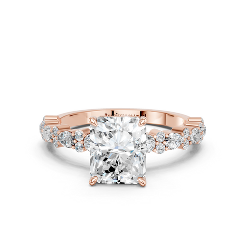 Rose gold Radiant Solitaire with Side Stones, Pave Band, Four-Prong Setting