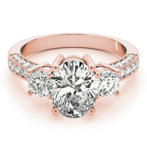 Rose gold Oval Three-Stone Diamond Ring with Pavé Band and Four-Prong Setting