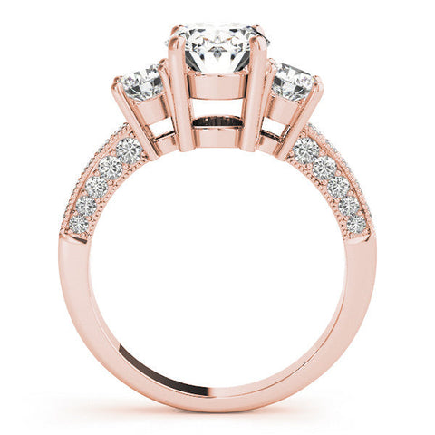 Rose gold Oval Three-Stone Diamond Ring with Pavé Band and Four-Prong Setting