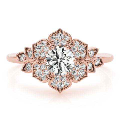 Rose gold Round Brilliant Diamond Floral Halo Ring with Pavé Band and Four-Prong Setting