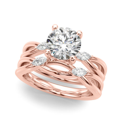 Rose gold Round Brilliant Diamond Solitaire with Marquise Side Stones on a Twisted Band and Four-Prong Setting