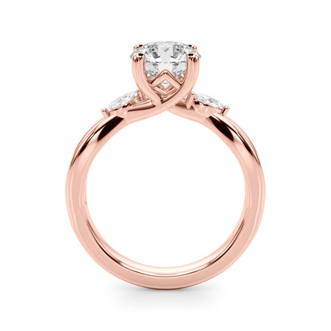 Rose gold Round Brilliant Diamond Solitaire with Marquise Side Stones on a Twisted Band and Four-Prong Setting