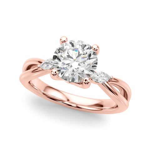 Rose gold Round Brilliant Diamond Solitaire with Marquise Side Stones on a Twisted Band and Four-Prong Setting