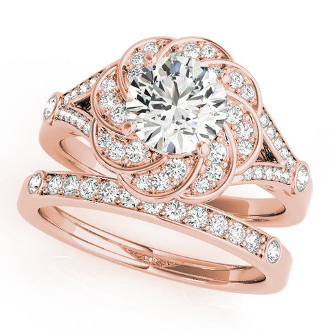 Rose gold Round Brilliant Halo Floral Diamond Engagement Ring with Pave Band and Prong Setting