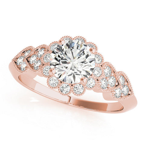 Rose gold Round Brilliant Milgrain Pave Heart Band Solitaire Ring