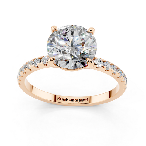 Rose gold Round Brilliant Solitaire with Pavé Band and Four-Prong Setting