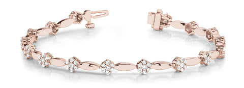 Rose gold Round Cluster Diamond Tennis Bracelet with Marquise Links and Four-Prong Setting