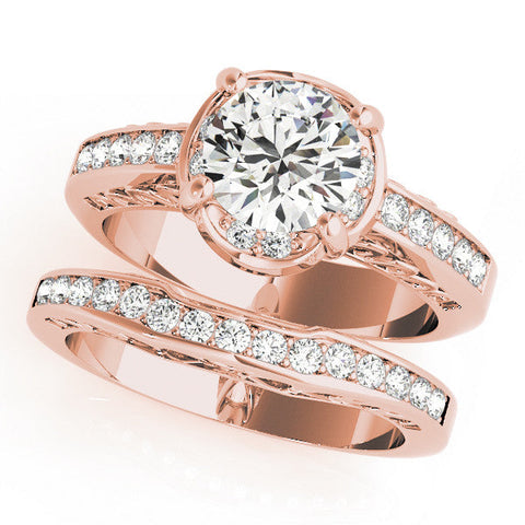 Rose gold Round Cut Halo Diamond Ring with Channel Set Band and Four-Prong Setting
