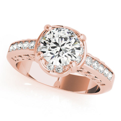 Rose gold Round Cut Halo Diamond Ring with Channel Set Band and Four-Prong Setting