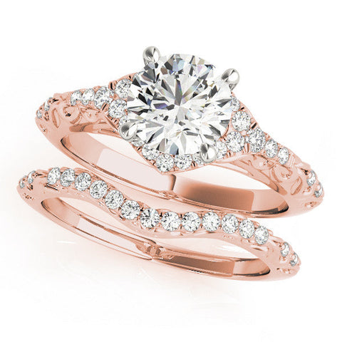 Rose gold Round Cut Solitaire Diamond Ring with Pave Band and Four-Prong Setting