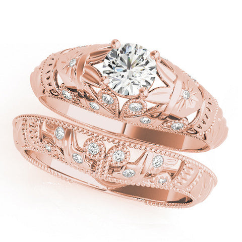 Rose gold Round Cut Solitaire Floral Filigree Engagement Ring with Bezel Prong Setting