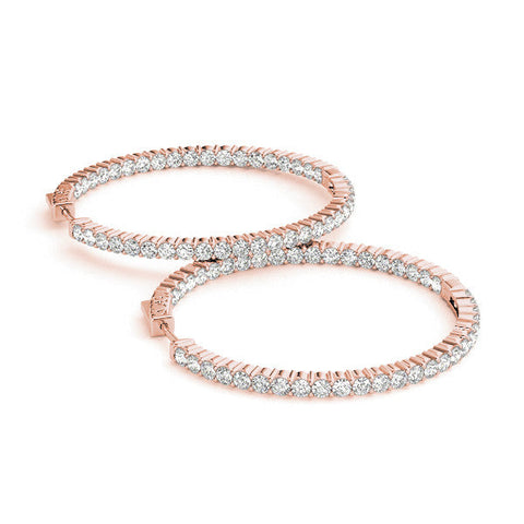 Rose gold Round Diamond Eternity Hoop Earrings with Pavé Setting and Shared Prong