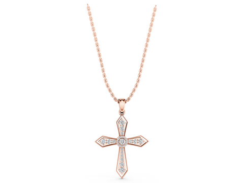 Rose gold Round Diamond Milgrain Cross Pendant with Bezel Setting