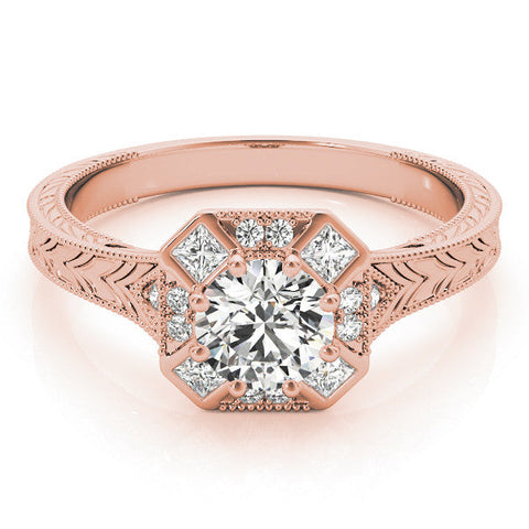 Rose gold Round Diamond Milgrain Halo Engagement Ring with Chevron Band and Prong Setting